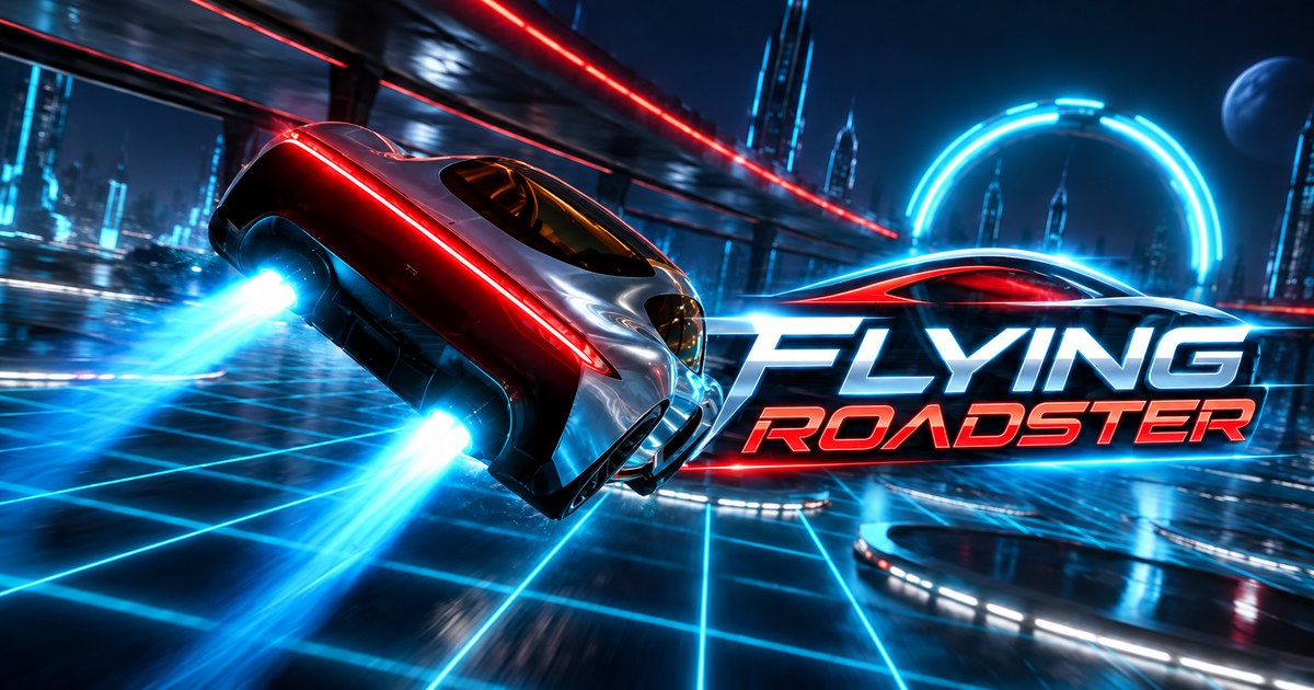 Silver roadster flying through a neon ring gate with cyan thrusters firing